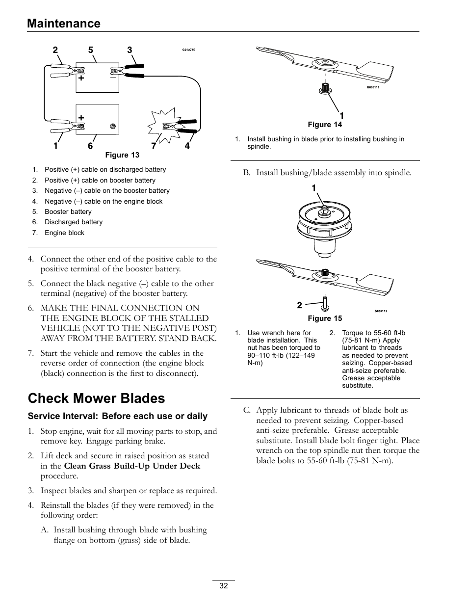 Check mower blades, Maintenance | Exmark Lazer Z DS-Series LZDS User Manual | Page 32 / 60