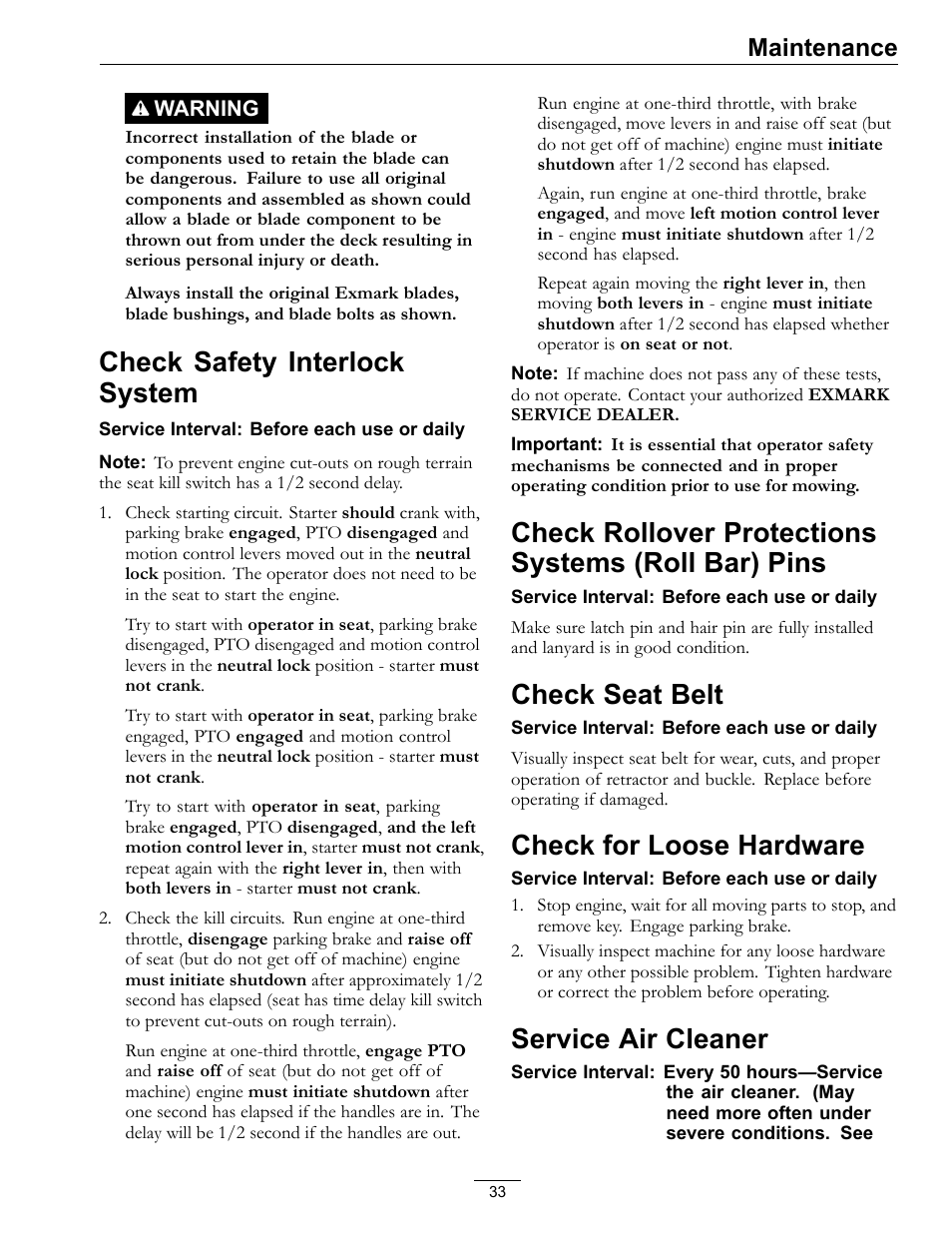 Bar) pins, Check safety interlock system, Check rollover protections systems (roll bar) pins | Check seat belt, Check for loose hardware, Service air cleaner, Maintenance | Exmark Lazer Z DS-Series LZDS User Manual | Page 33 / 60