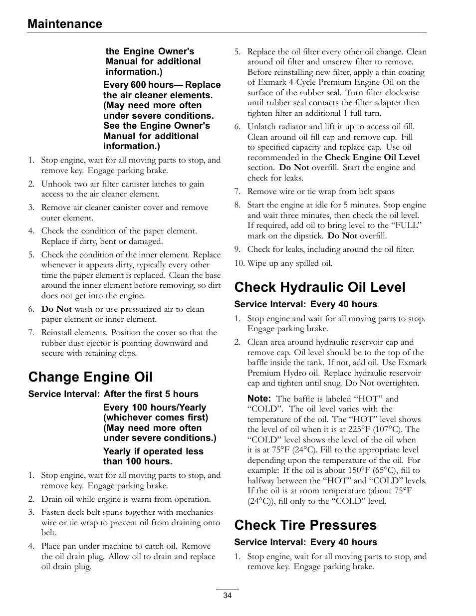 Change engine oil, Check hydraulic oil level, Check tire pressures | Maintenance | Exmark Lazer Z DS-Series LZDS User Manual | Page 34 / 60