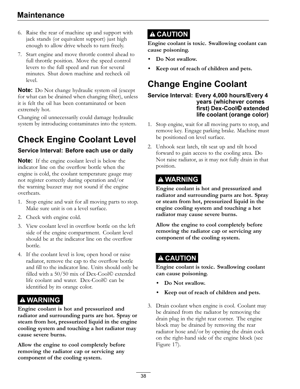 Check engine coolant level change engine coolant, Check engine coolant level, Change engine coolant | Maintenance | Exmark Lazer Z DS-Series LZDS User Manual | Page 38 / 60