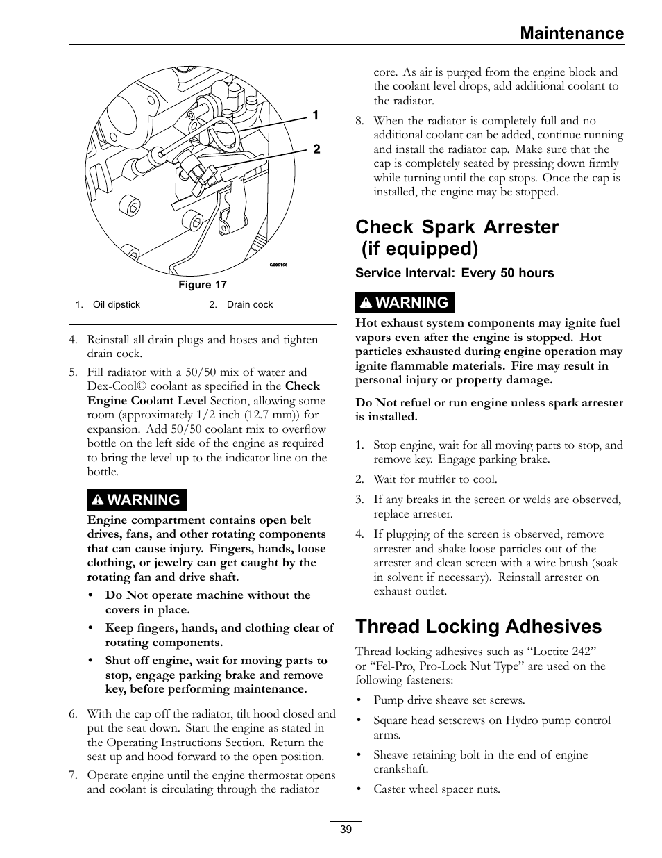 Check spark arrester (if equipped), Thread locking adhesives, Maintenance | Exmark Lazer Z DS-Series LZDS User Manual | Page 39 / 60