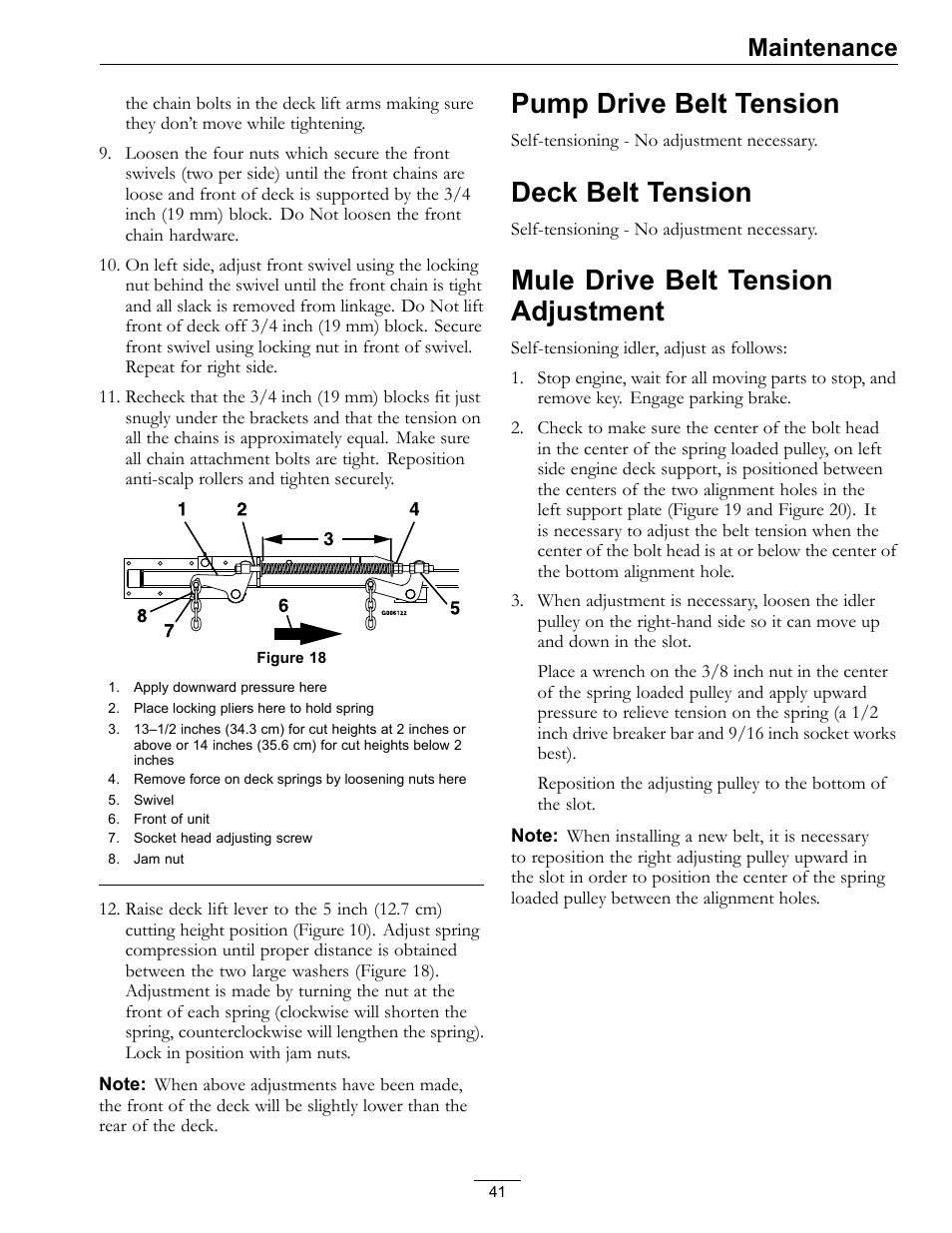 Pump drive belt tension, Deck belt tension, Mule drive belt tension adjustment | Maintenance | Exmark Lazer Z DS-Series LZDS User Manual | Page 41 / 60