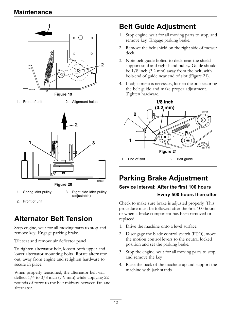 Figure 19, Figure 20), Alternator belt tension | Belt guide adjustment, Parking brake adjustment, Maintenance | Exmark Lazer Z DS-Series LZDS User Manual | Page 42 / 60