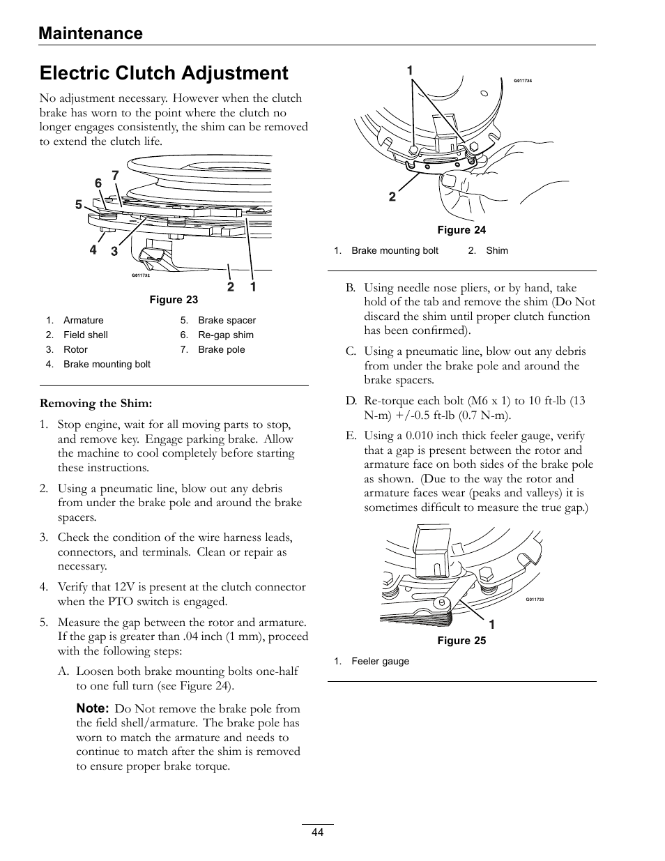 Electric clutch adjustment, Maintenance | Exmark Lazer Z DS-Series LZDS User Manual | Page 44 / 60