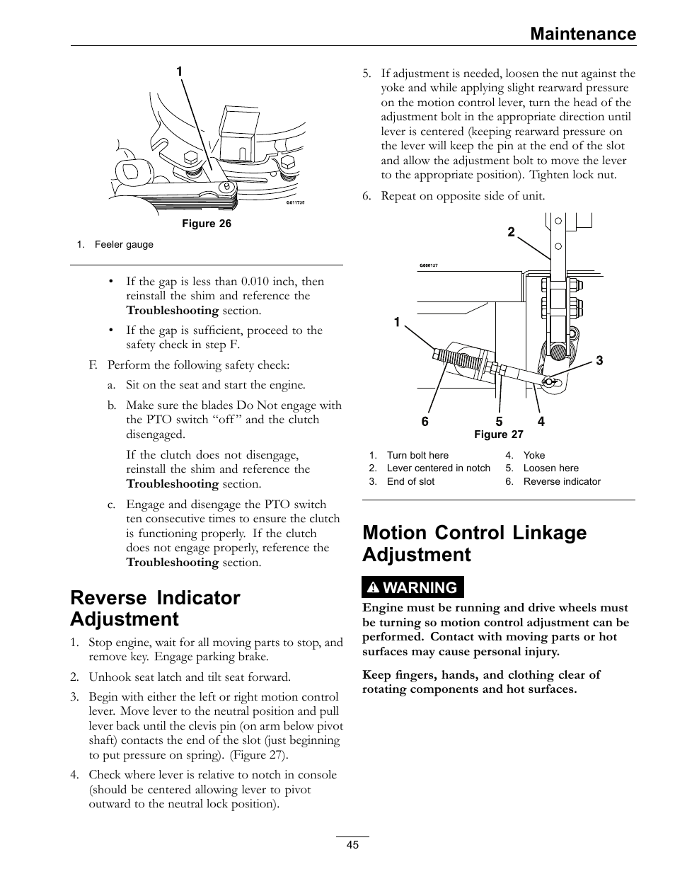 Reverse indicator adjustment, Motion control linkage adjustment, Maintenance | Warning | Exmark Lazer Z DS-Series LZDS User Manual | Page 45 / 60