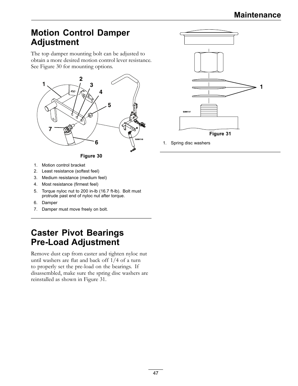 Adjustment, Motion control damper adjustment, Caster pivot bearings pre-load adjustment | Maintenance | Exmark Lazer Z DS-Series LZDS User Manual | Page 47 / 60