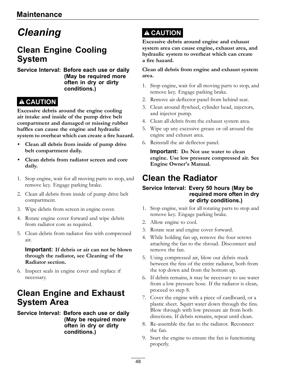 Cleaning, Area, Clean the radiator | Clean engine cooling system, Clean engine and exhaust system area, Maintenance | Exmark Lazer Z DS-Series LZDS User Manual | Page 48 / 60