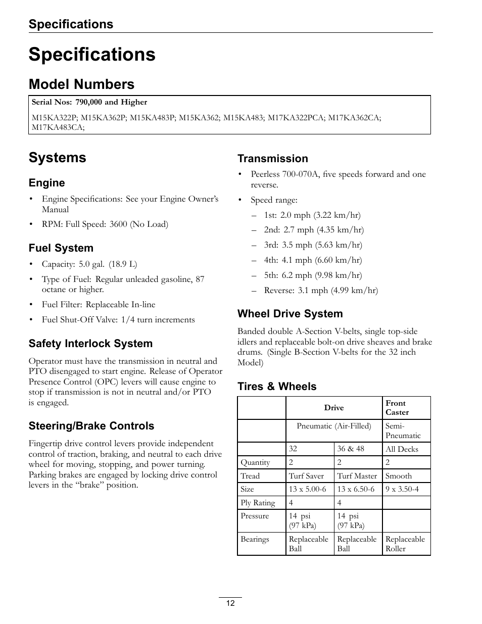 Specifications, Model numbers systems, Model numbers | Systems | Exmark Metro 4500-352 User Manual | Page 12 / 40
