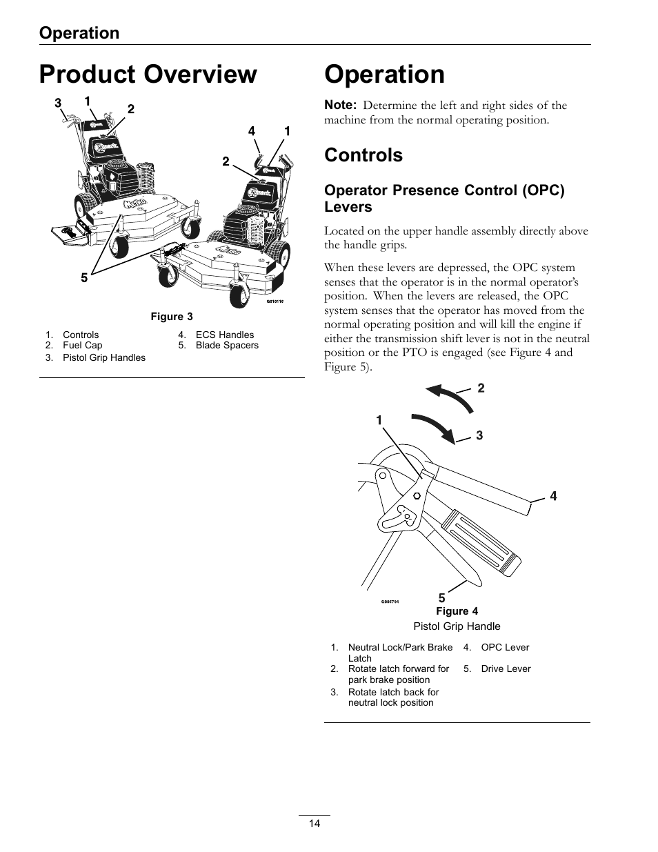 Product overview operation, Controls, Product overview | Operation, Operator presence control (opc) levers | Exmark Metro 4500-352 User Manual | Page 14 / 40
