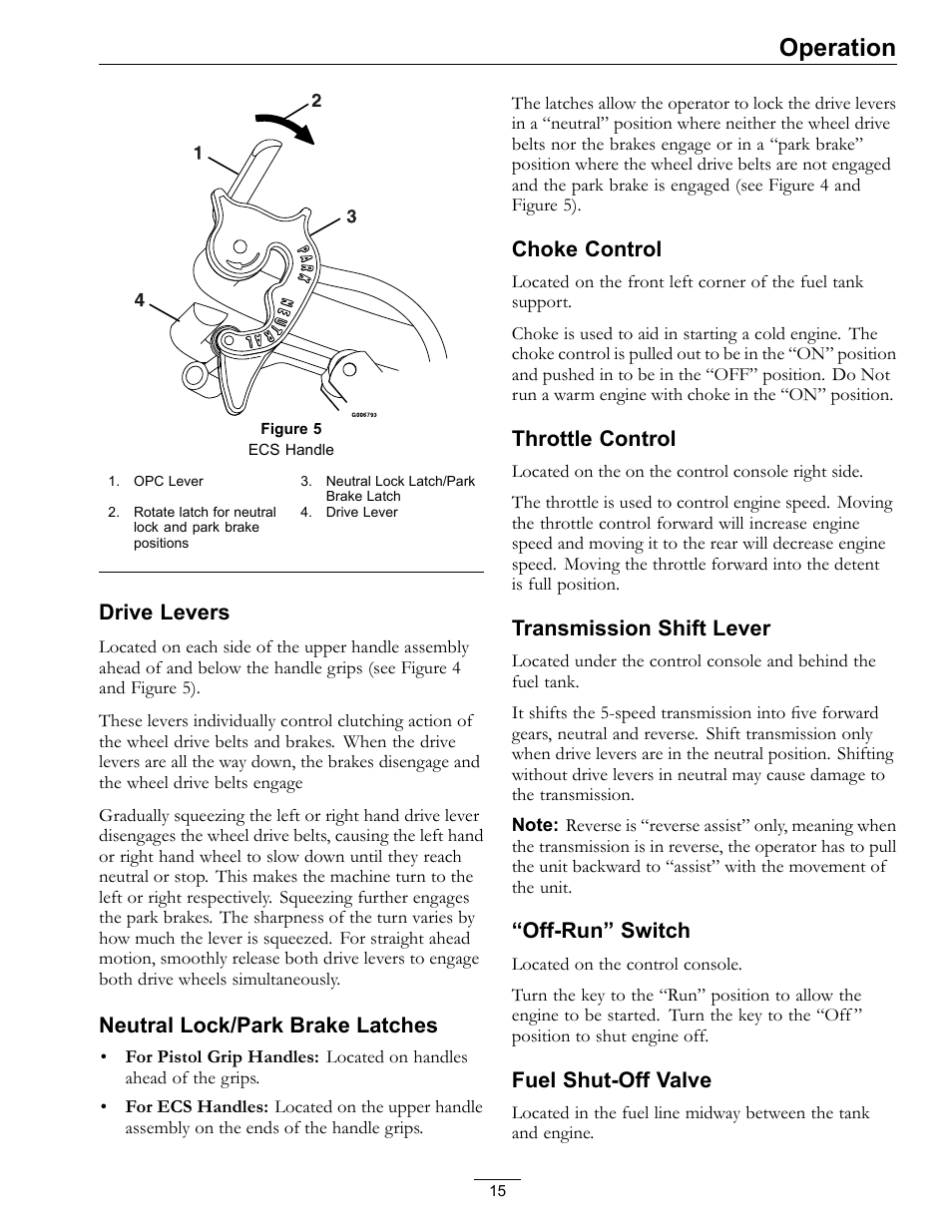 Operation, Drive levers, Neutral lock/park brake latches | Choke control, Throttle control, Transmission shift lever, Off-run” switch, Fuel shut-off valve | Exmark Metro 4500-352 User Manual | Page 15 / 40