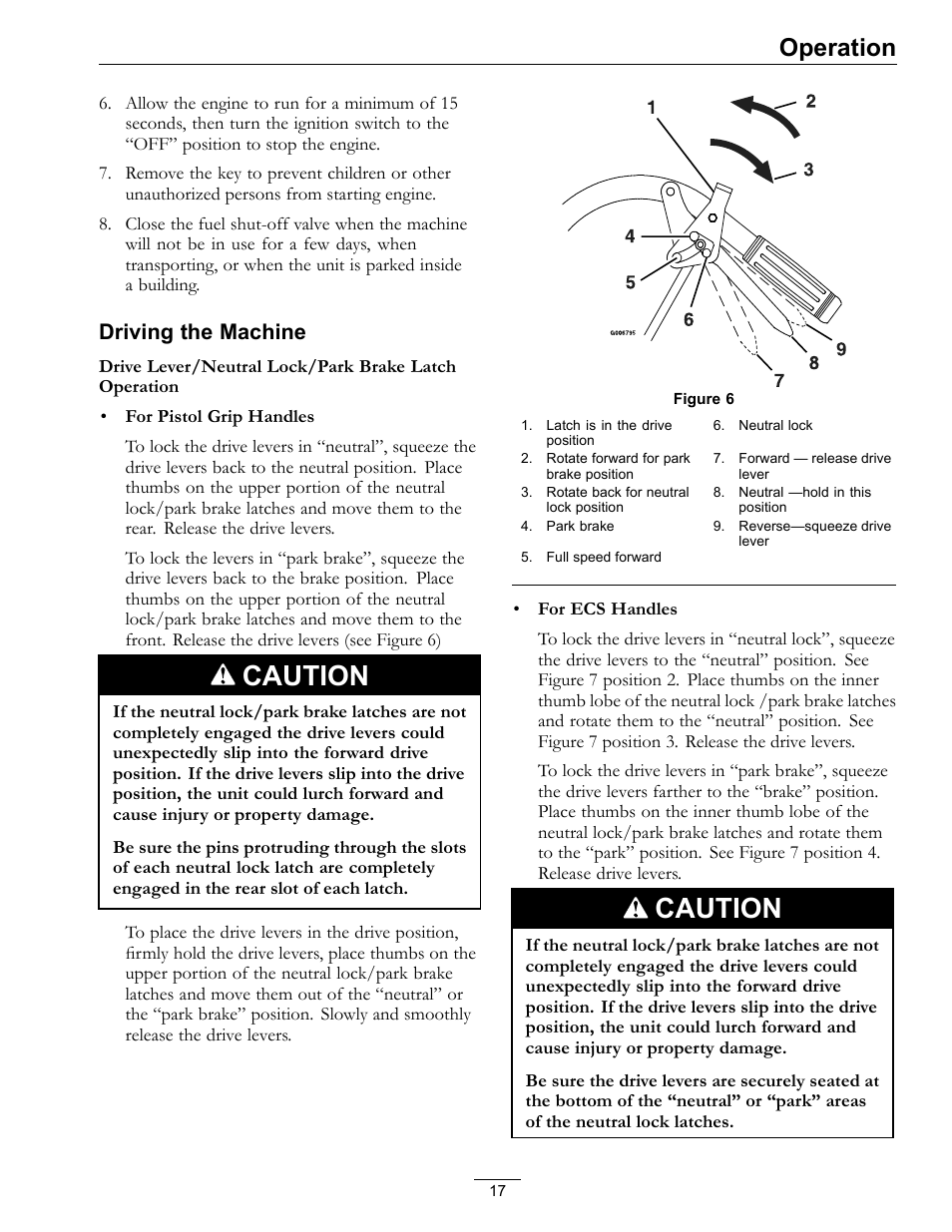 Caution, Operation, Driving the machine | Exmark Metro 4500-352 User Manual | Page 17 / 40
