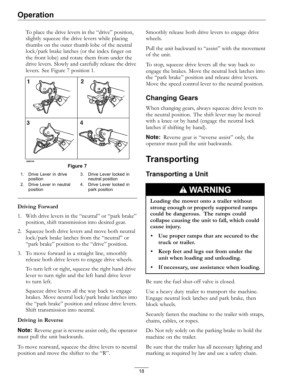 Transporting, Figure 7, Warning | Operation | Exmark Metro 4500-352 User Manual | Page 18 / 40