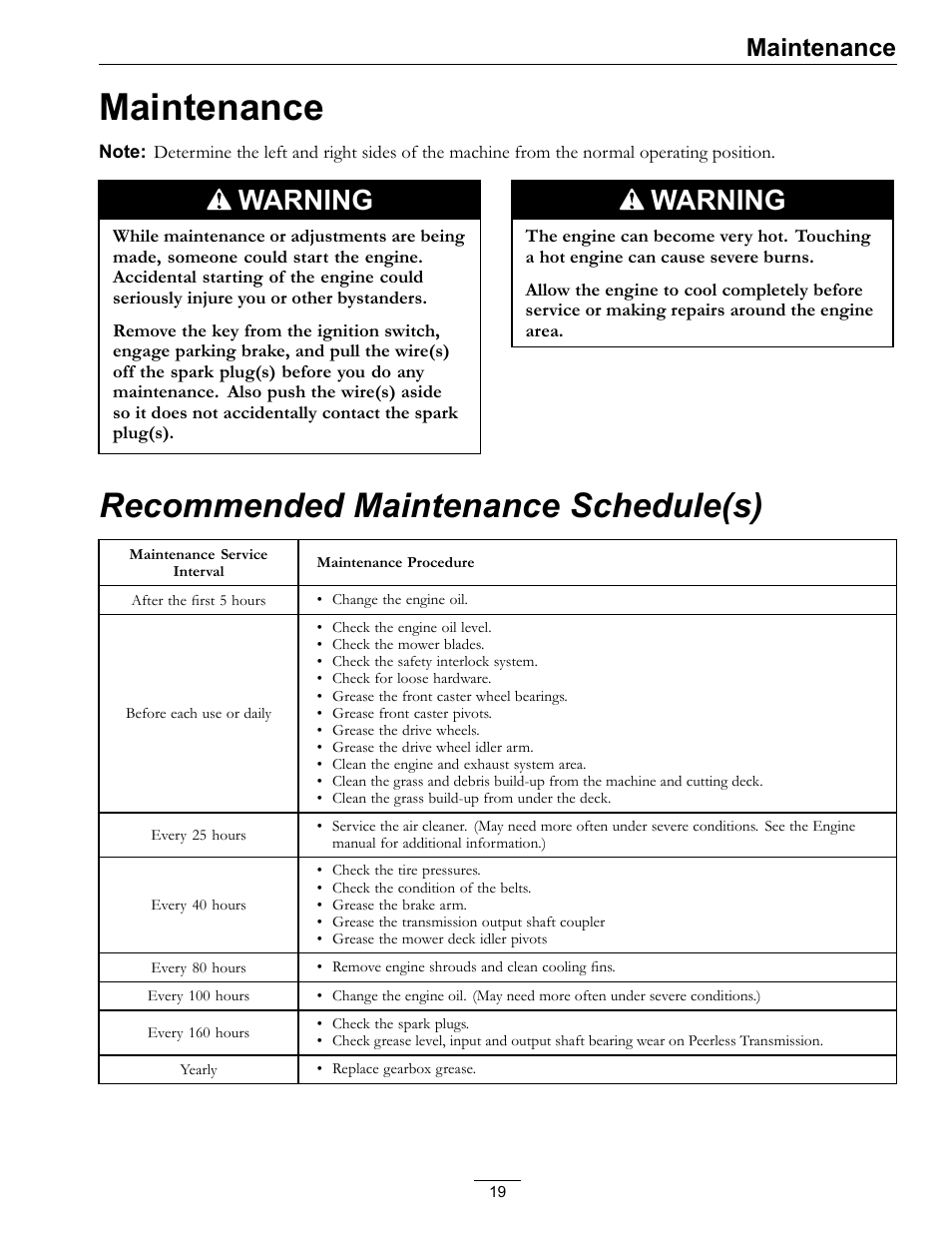 Maintenance, Recommended maintenance schedule(s), Warning | Exmark Metro 4500-352 User Manual | Page 19 / 40