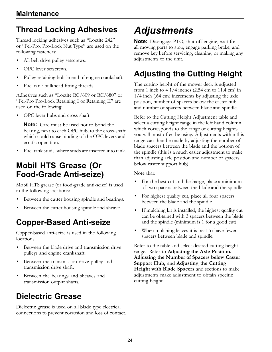 Anti-seize), Copper-based anti-seize dielectric grease, Adjustments | Adjusting the cutting height, Thread locking adhesives, Mobil hts grease (or food-grade anti-seize), Copper-based anti-seize, Dielectric grease, Maintenance | Exmark Metro 4500-352 User Manual | Page 24 / 40