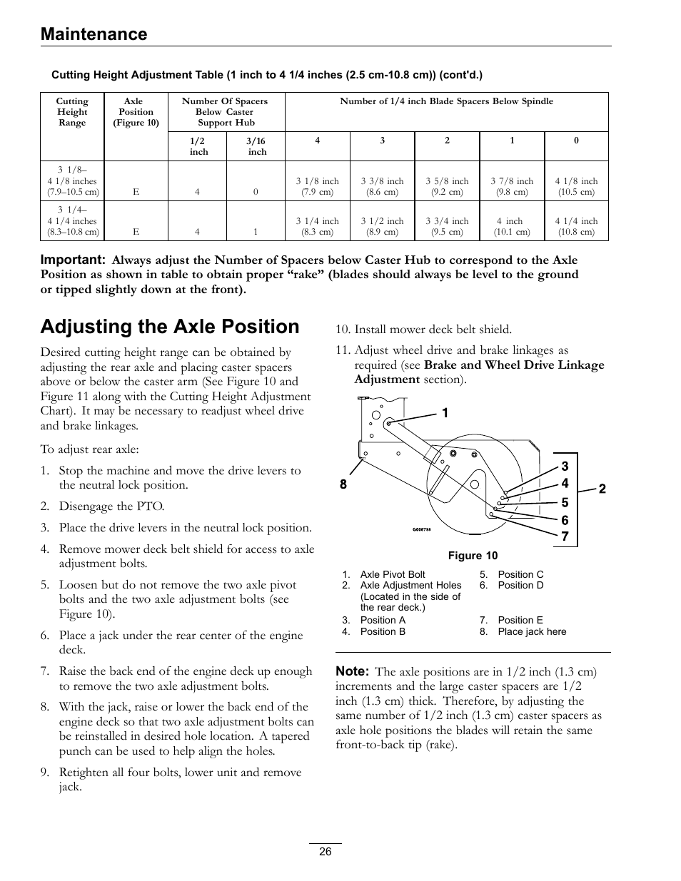 Adjusting the axle position, Maintenance | Exmark Metro 4500-352 User Manual | Page 26 / 40