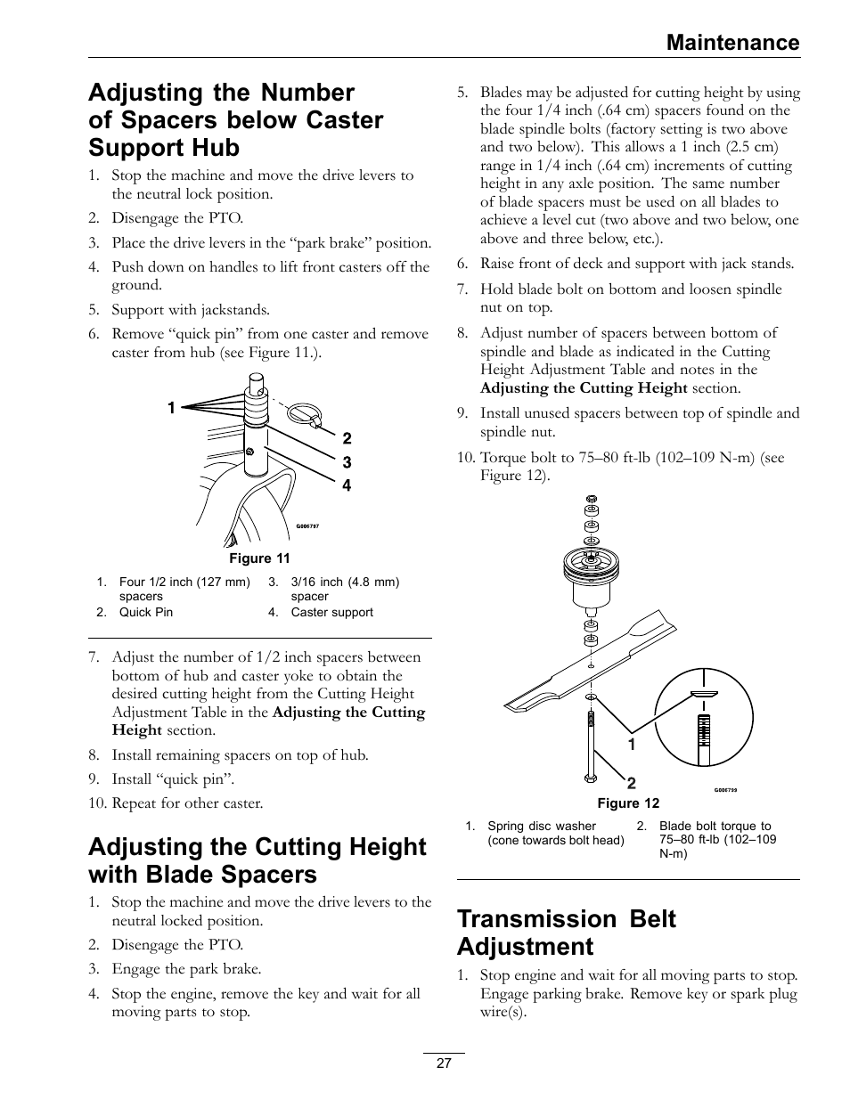 Adjusting the number of spacers below, Caster support hub, Adjusting the cutting height with blade | Spacers, Transmission belt adjustment, Figure 11, Adjusting the cutting height with blade spacers, Maintenance | Exmark Metro 4500-352 User Manual | Page 27 / 40