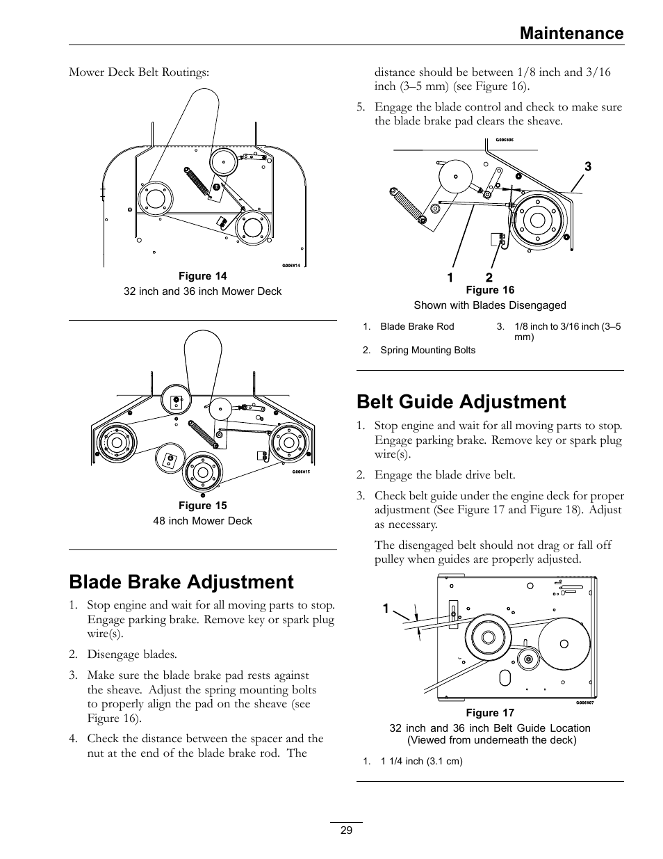 Blade brake adjustment, Belt guide adjustment, Maintenance | Exmark Metro 4500-352 User Manual | Page 29 / 40