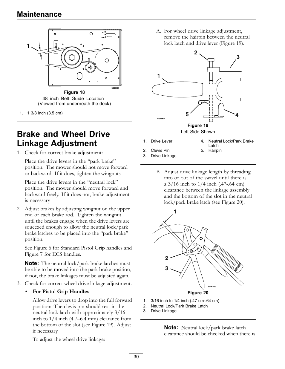 Brake and wheel drive linkage, Adjustment, Figure 18) | Brake and wheel drive linkage adjustment, Maintenance | Exmark Metro 4500-352 User Manual | Page 30 / 40