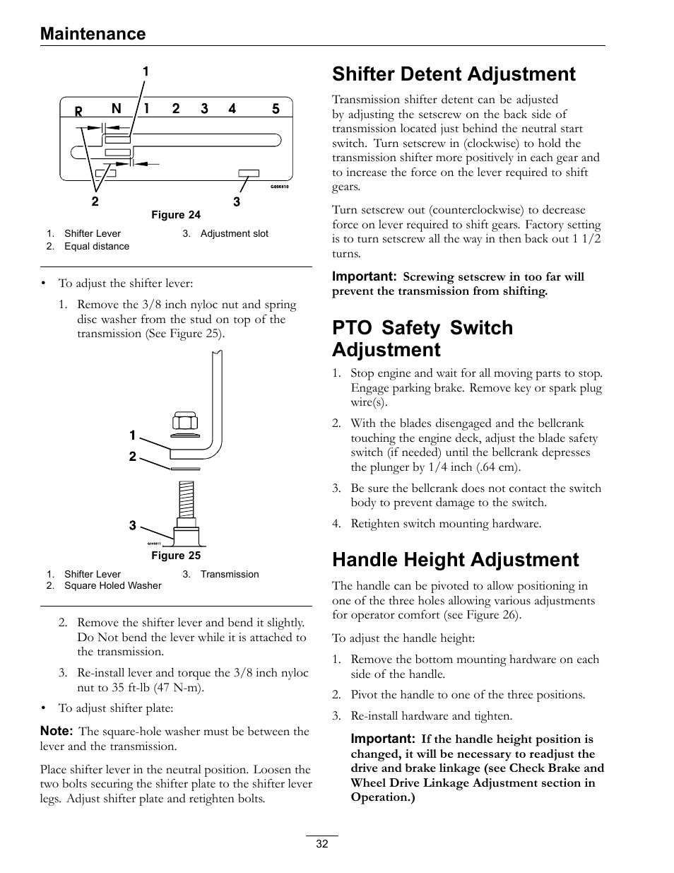 Figure 24), Shifter detent adjustment, Pto safety switch adjustment | Handle height adjustment, Maintenance | Exmark Metro 4500-352 User Manual | Page 32 / 40