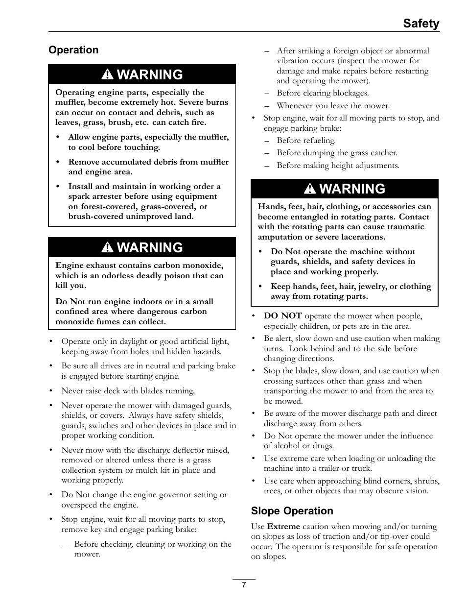 Warning, Safety | Exmark Metro 4500-352 User Manual | Page 7 / 40