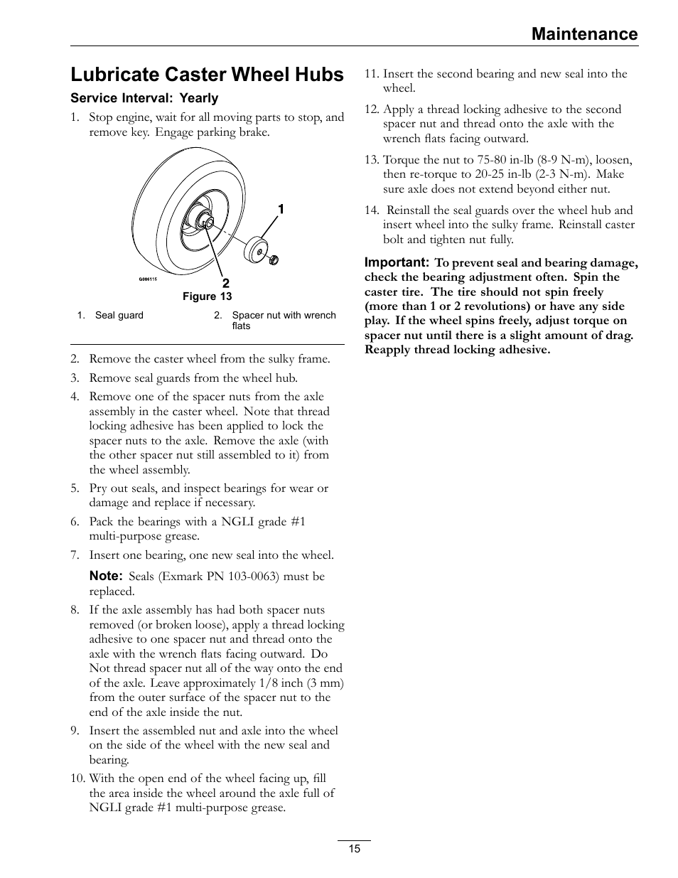 Lubricate caster wheel hubs, Maintenance | Exmark StandOn 4500-620 User Manual | Page 15 / 20