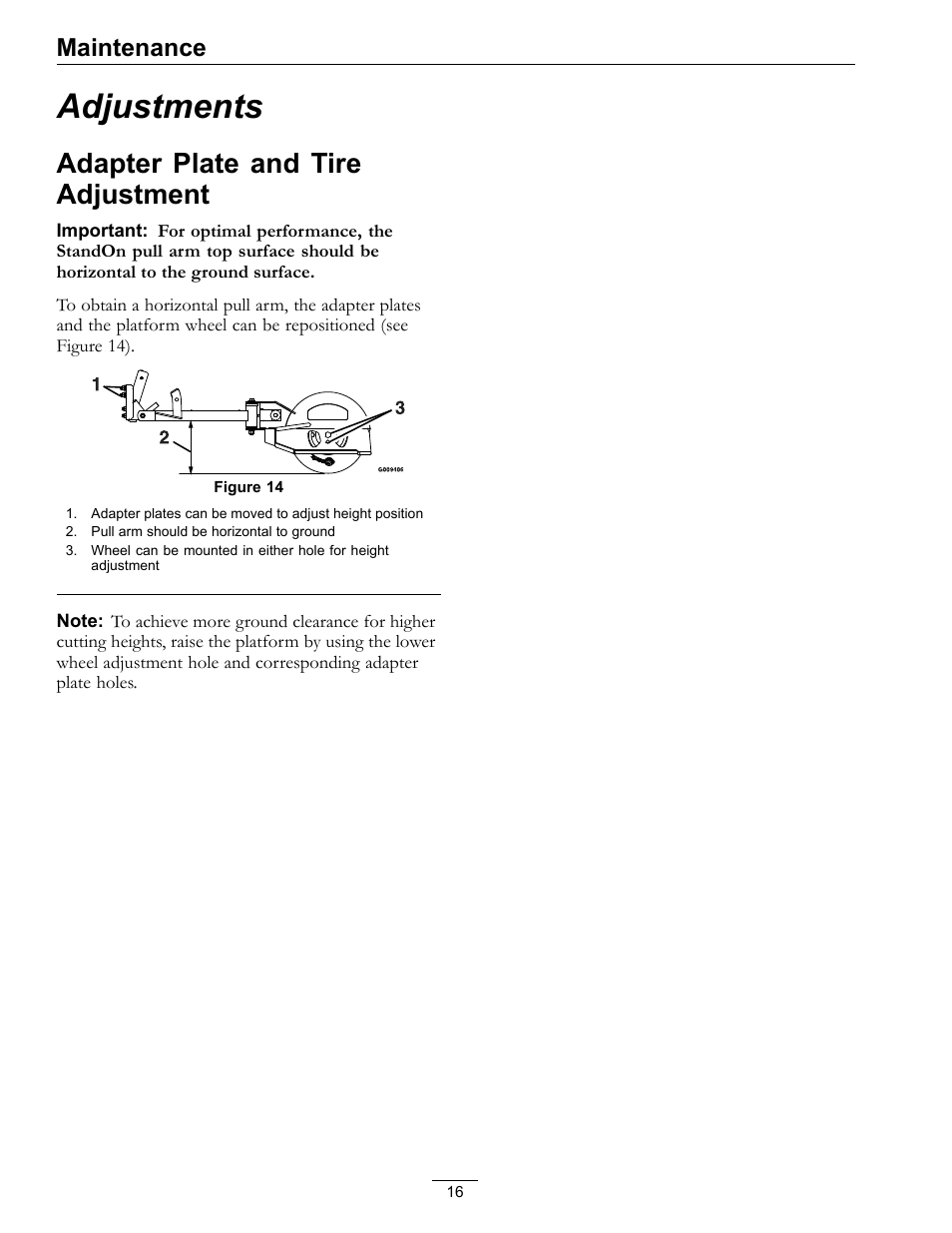 Adjustments, Adapter plate and tire adjustment, Maintenance | Exmark StandOn 4500-620 User Manual | Page 16 / 20