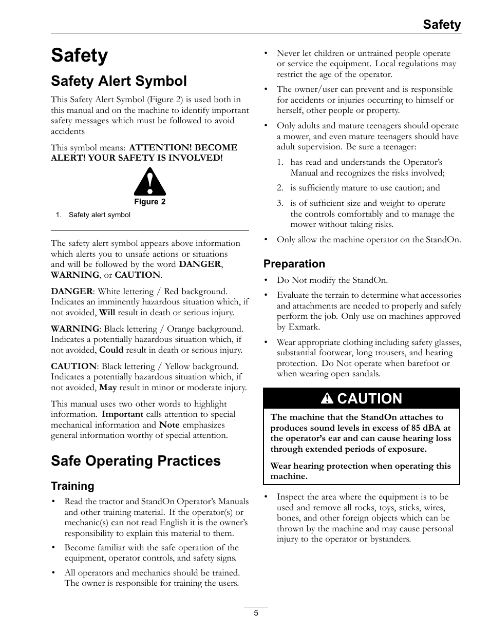 Safety, Safety alert symbol safe operating practices, Safety alert symbol | Safe operating practices, Caution | Exmark StandOn 4500-620 User Manual | Page 5 / 20