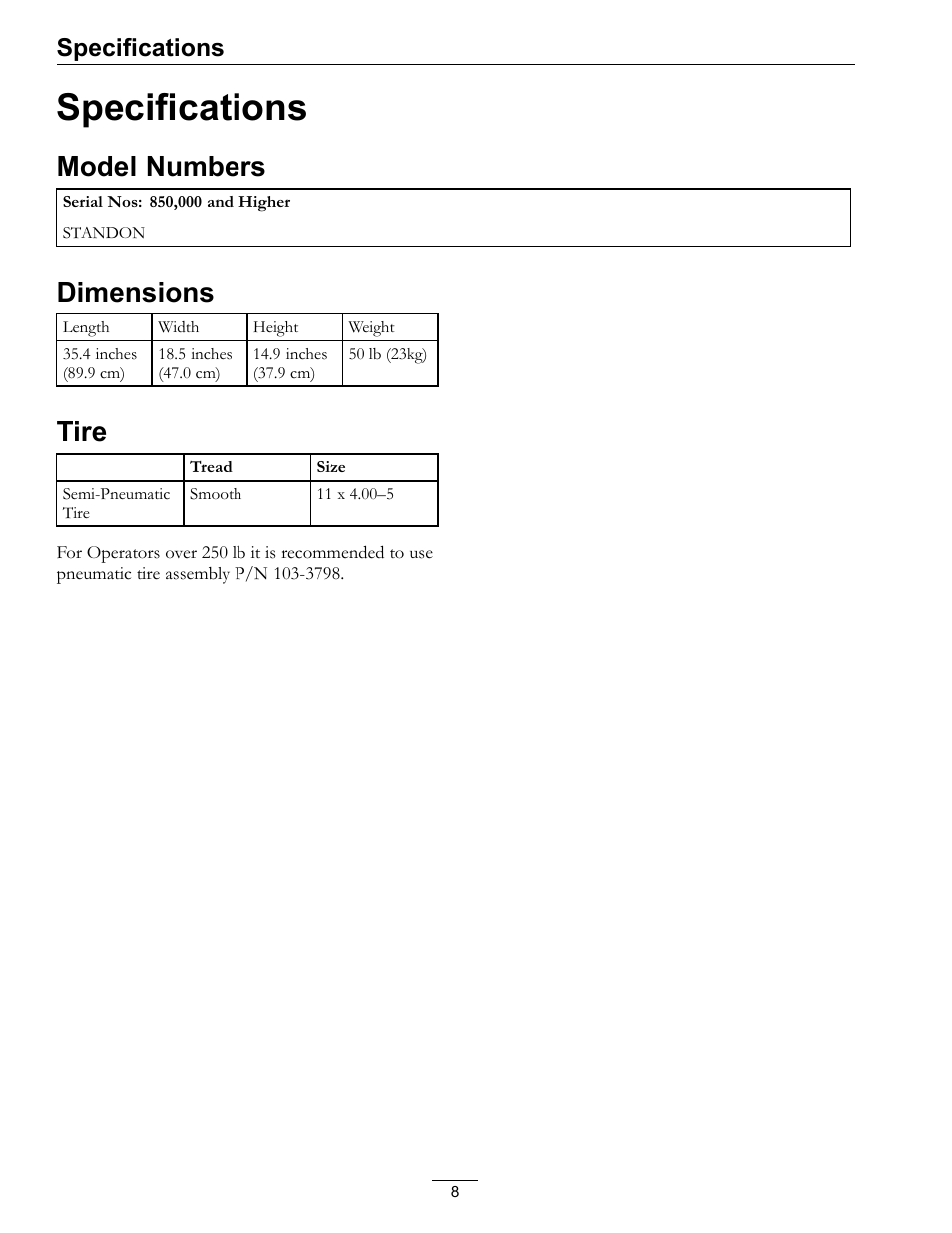 Specifications, Model numbers dimensions tire, Model numbers | Dimensions, Tire | Exmark StandOn 4500-620 User Manual | Page 8 / 20