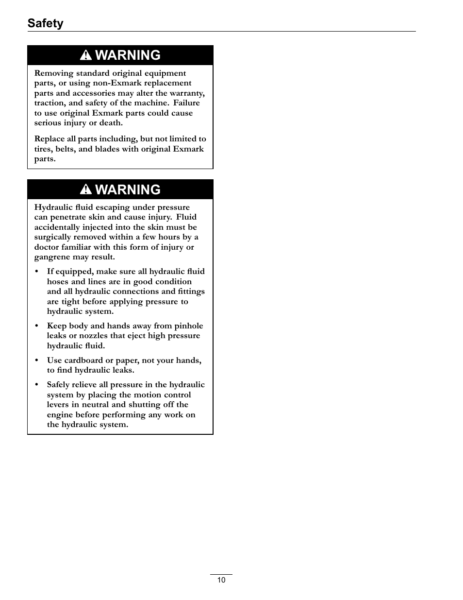 Warning, Safety | Exmark Lazer Z Advantage Series Models 0 User Manual | Page 10 / 60