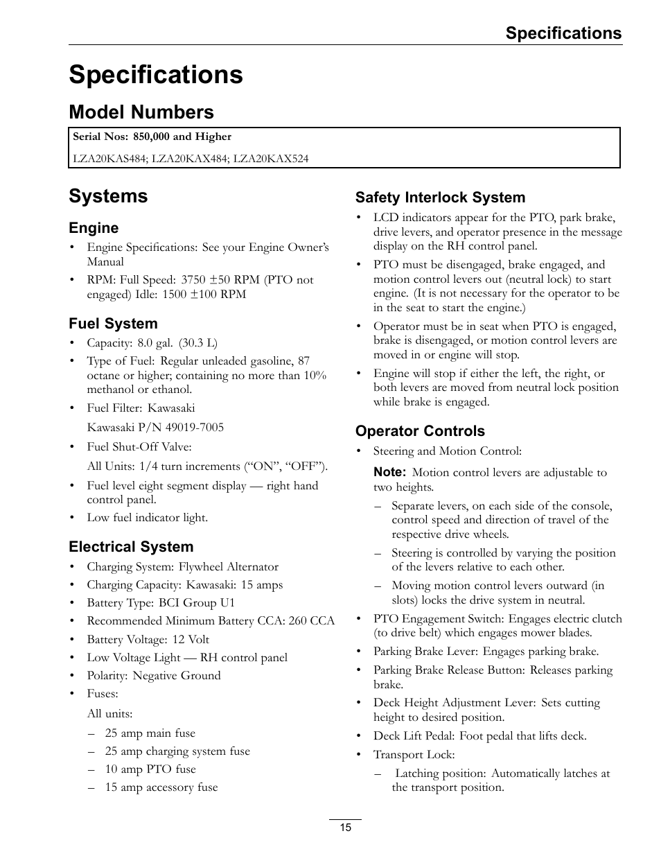 Specifications, Model numbers systems, Model numbers | Systems | Exmark Lazer Z Advantage Series Models 0 User Manual | Page 15 / 60