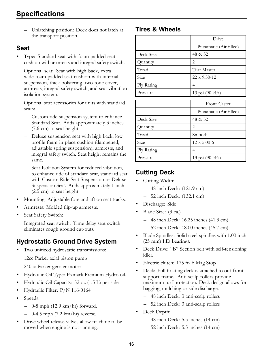 Specifications | Exmark Lazer Z Advantage Series Models 0 User Manual | Page 16 / 60