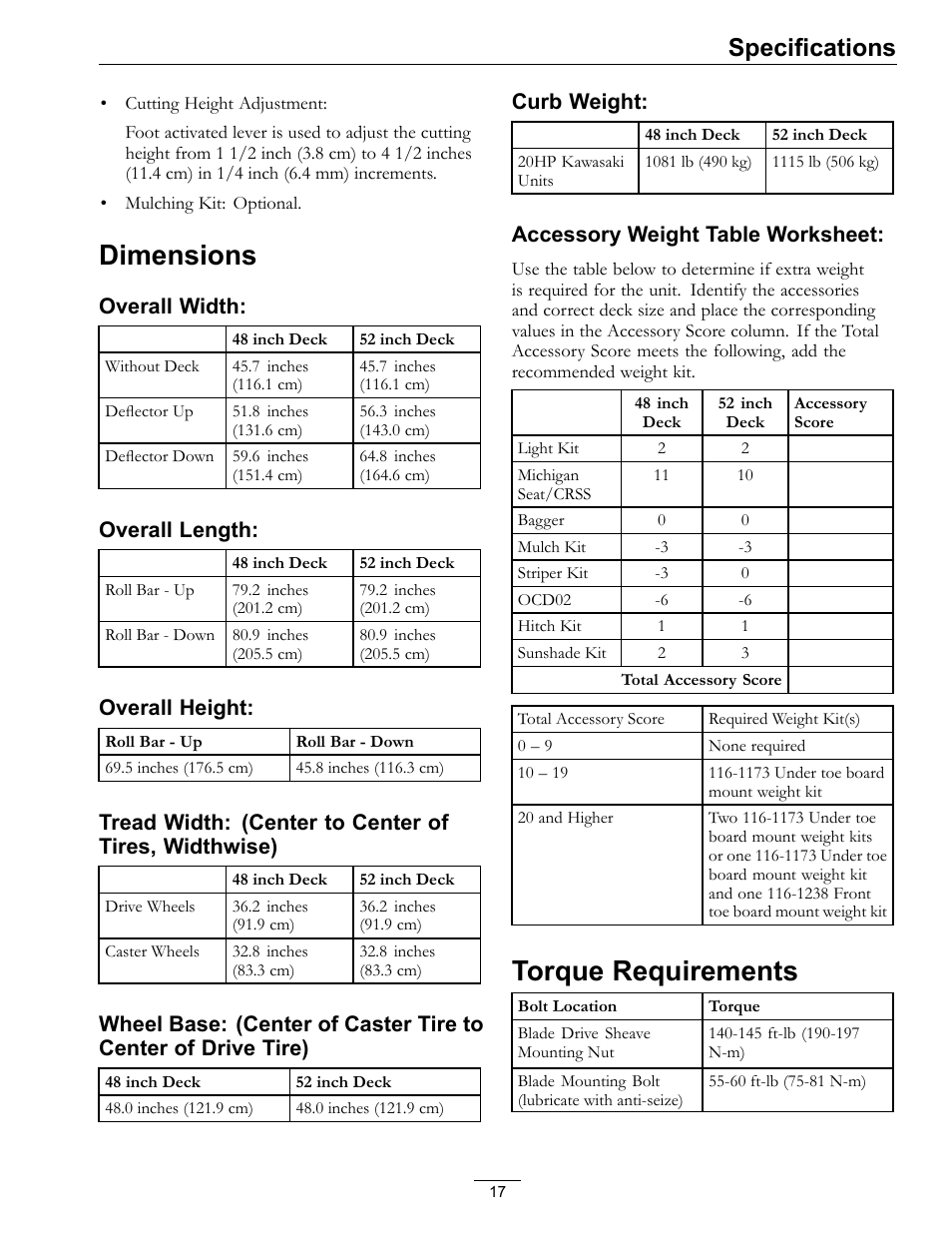 Dimensions torque requirements, Dimensions, Torque requirements | Specifications | Exmark Lazer Z Advantage Series Models 0 User Manual | Page 17 / 60