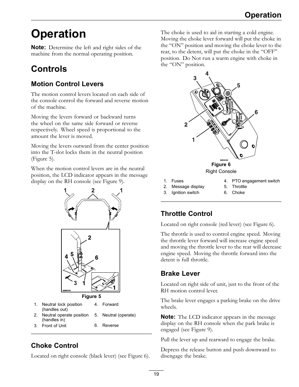 Operation, Controls, Motion control levers | Choke control, Throttle control, Brake lever | Exmark Lazer Z Advantage Series Models 0 User Manual | Page 19 / 60