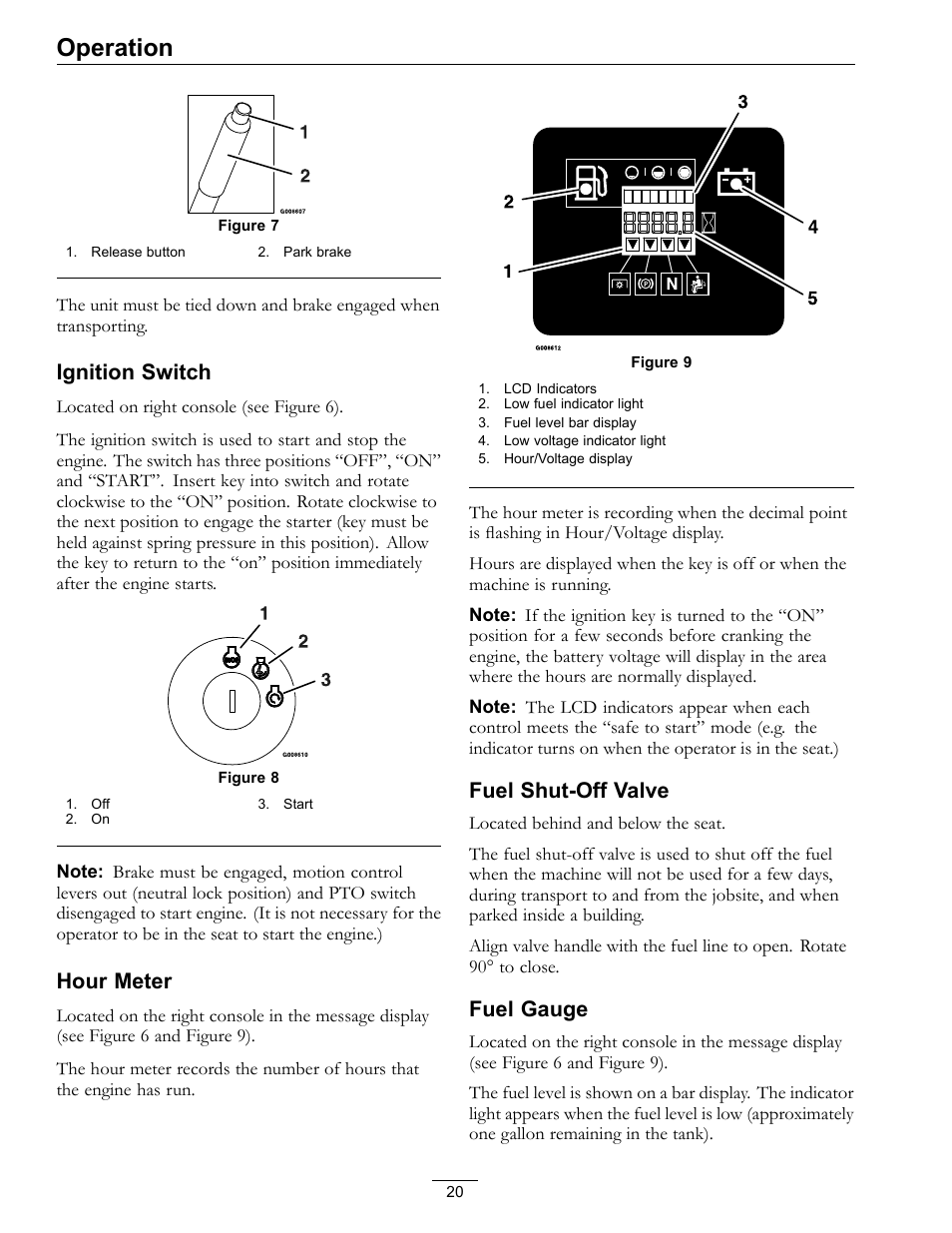 Figure 9, Figure 9), Operation | Ignition switch, Hour meter, Fuel shut-off valve, Fuel gauge | Exmark Lazer Z Advantage Series Models 0 User Manual | Page 20 / 60