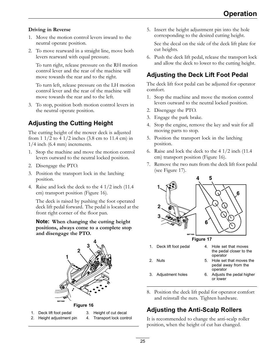 Operation, Adjusting the cutting height, Adjusting the deck lift foot pedal | Adjusting the anti-scalp rollers | Exmark Lazer Z Advantage Series Models 0 User Manual | Page 25 / 60