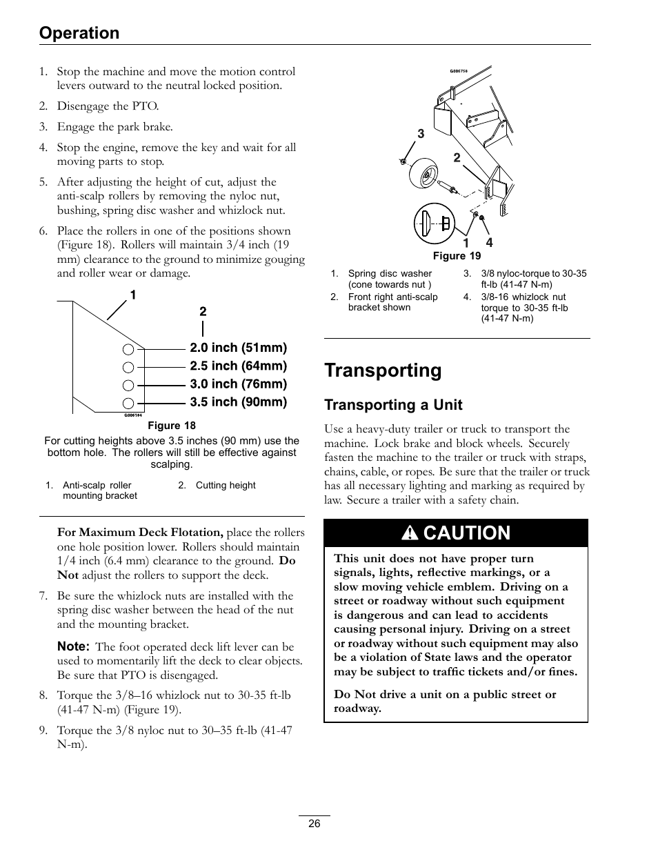 Transporting, Caution, Operation | Transporting a unit | Exmark Lazer Z Advantage Series Models 0 User Manual | Page 26 / 60