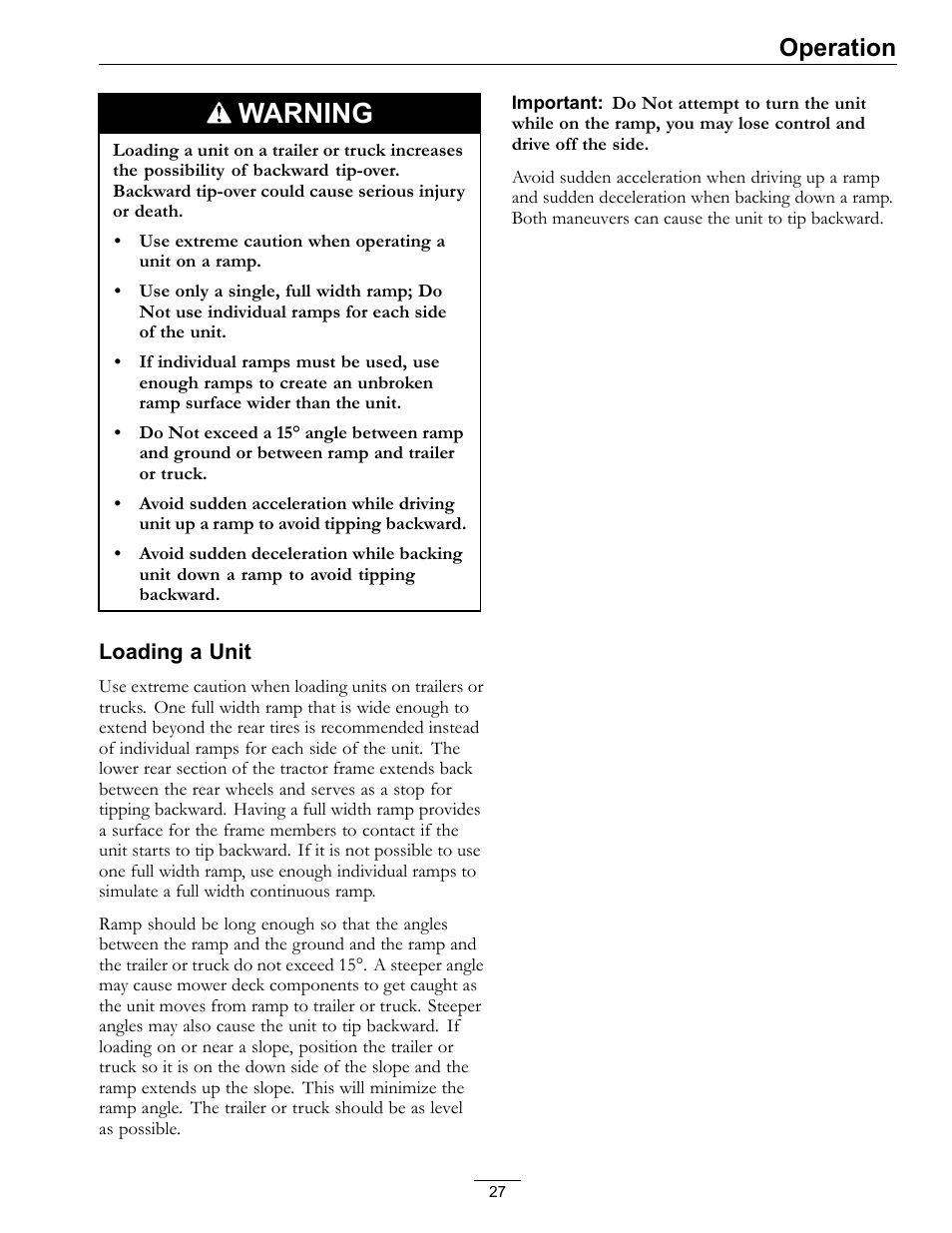 Warning, Operation | Exmark Lazer Z Advantage Series Models 0 User Manual | Page 27 / 60