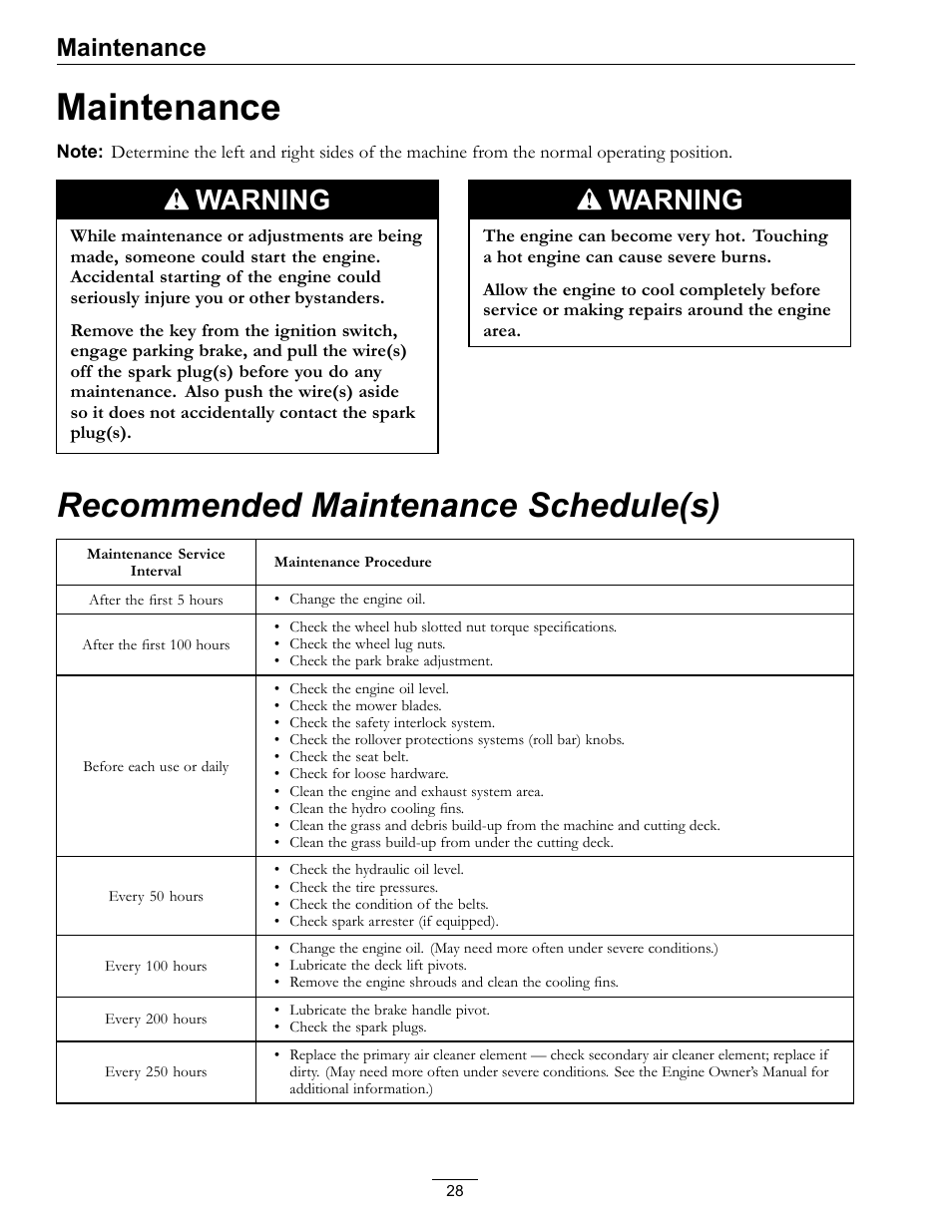 Maintenance, Recommended maintenance schedule(s), Warning | Exmark Lazer Z Advantage Series Models 0 User Manual | Page 28 / 60