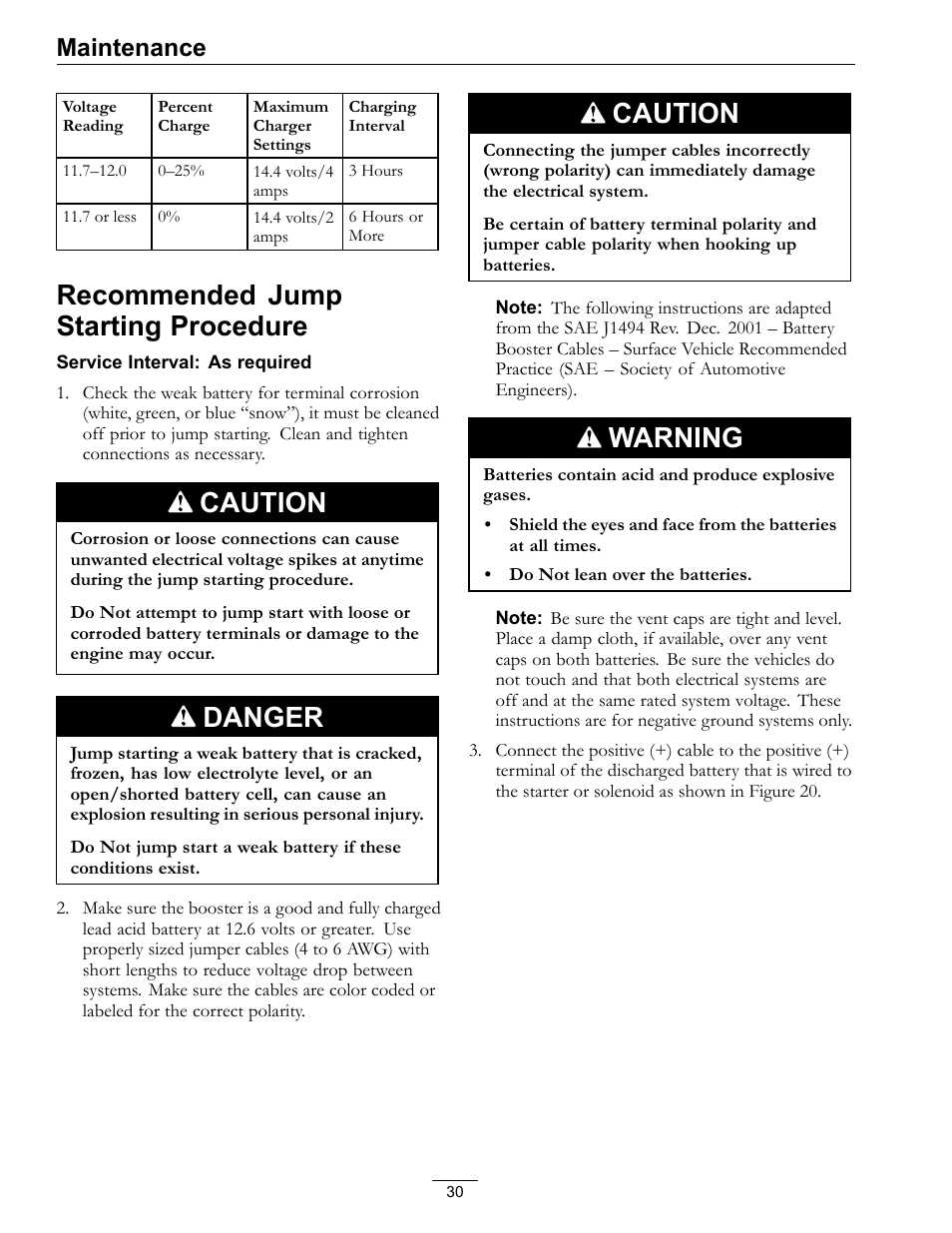 Recommended jump starting procedure, Caution, Danger | Warning, Maintenance | Exmark Lazer Z Advantage Series Models 0 User Manual | Page 30 / 60