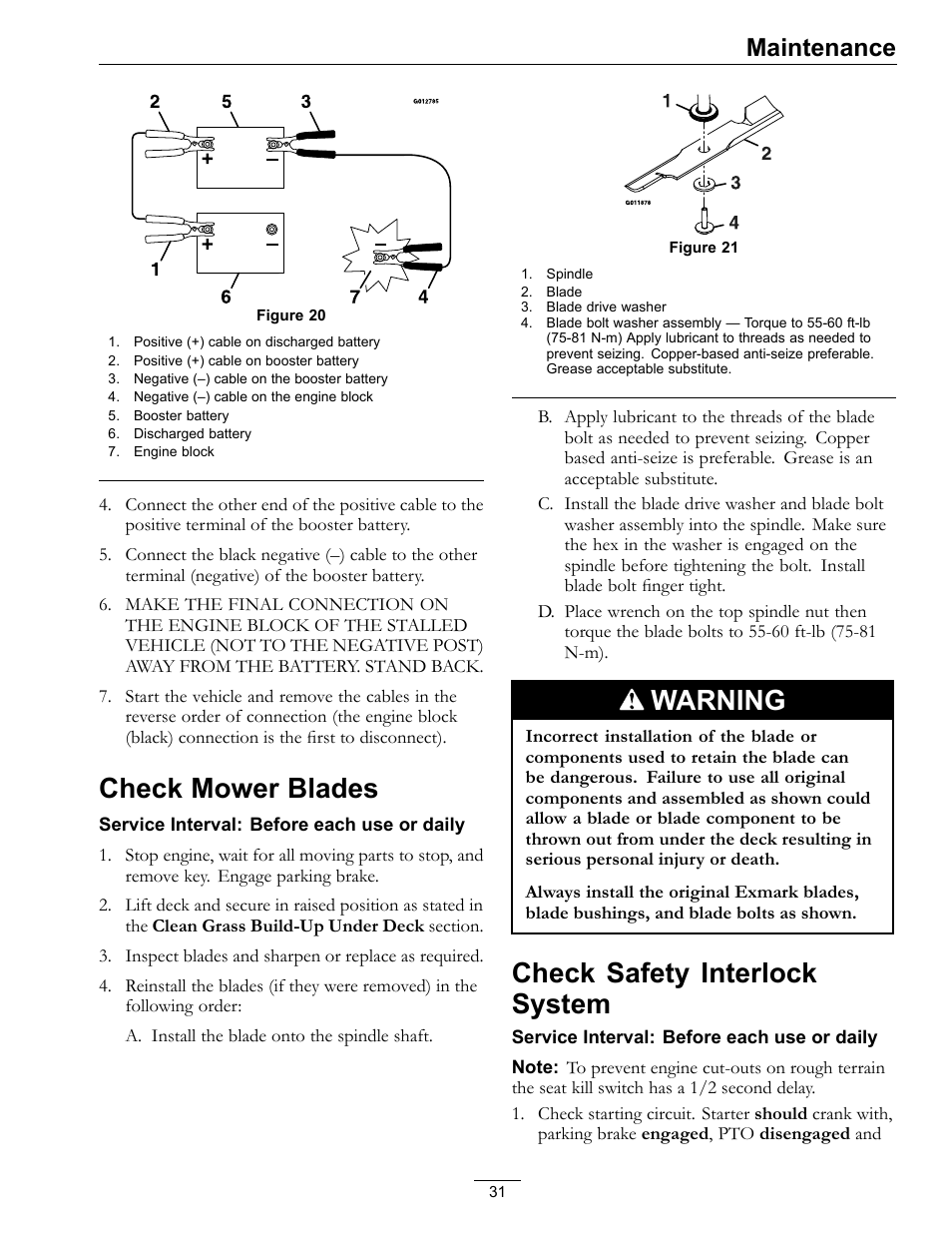 Check mower blades check safety interlock system, Check mower blades, Warning | Check safety interlock system, Maintenance | Exmark Lazer Z Advantage Series Models 0 User Manual | Page 31 / 60