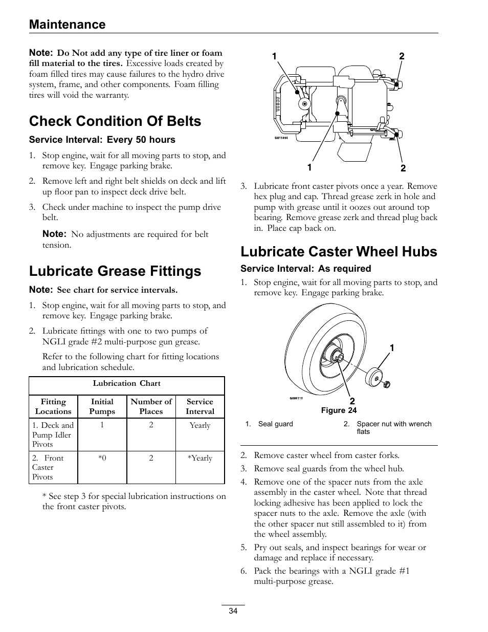 Check condition of belts lubricate grease fittings, Check condition of belts, Lubricate grease fittings | Lubricate caster wheel hubs, Maintenance | Exmark Lazer Z Advantage Series Models 0 User Manual | Page 34 / 60