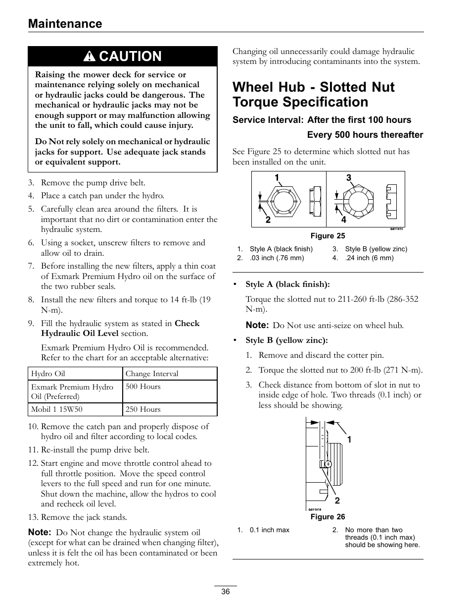 Wheel hub - slotted nut torque, Specification, Caution | Wheel hub - slotted nut torque specification, Maintenance | Exmark Lazer Z Advantage Series Models 0 User Manual | Page 36 / 60