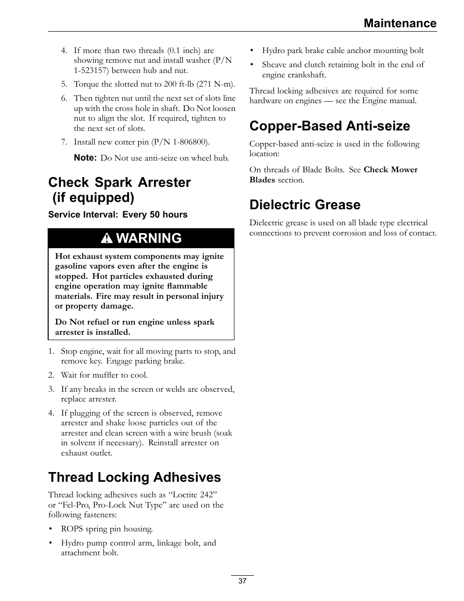Check spark arrester (if equipped), Warning, Thread locking adhesives | Copper-based anti-seize, Dielectric grease, Maintenance | Exmark Lazer Z Advantage Series Models 0 User Manual | Page 37 / 60