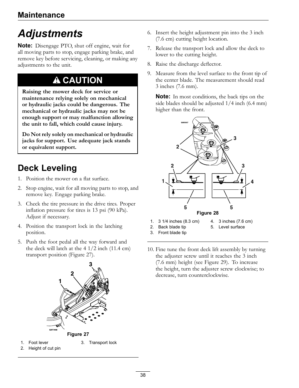 Adjustments, Deck leveling, Caution | Maintenance | Exmark Lazer Z Advantage Series Models 0 User Manual | Page 38 / 60