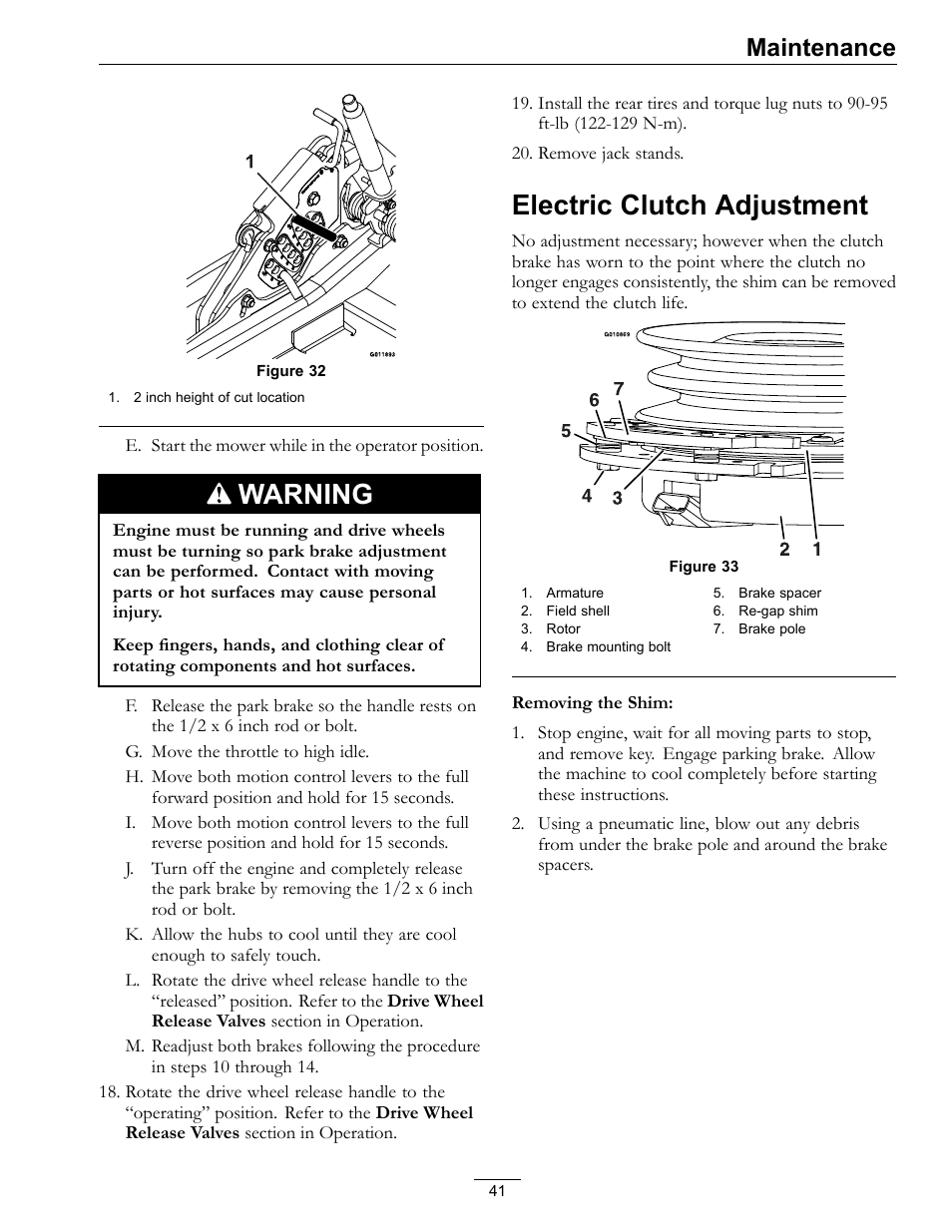 Electric clutch adjustment, Figure 32, Warning | Maintenance | Exmark Lazer Z Advantage Series Models 0 User Manual | Page 41 / 60