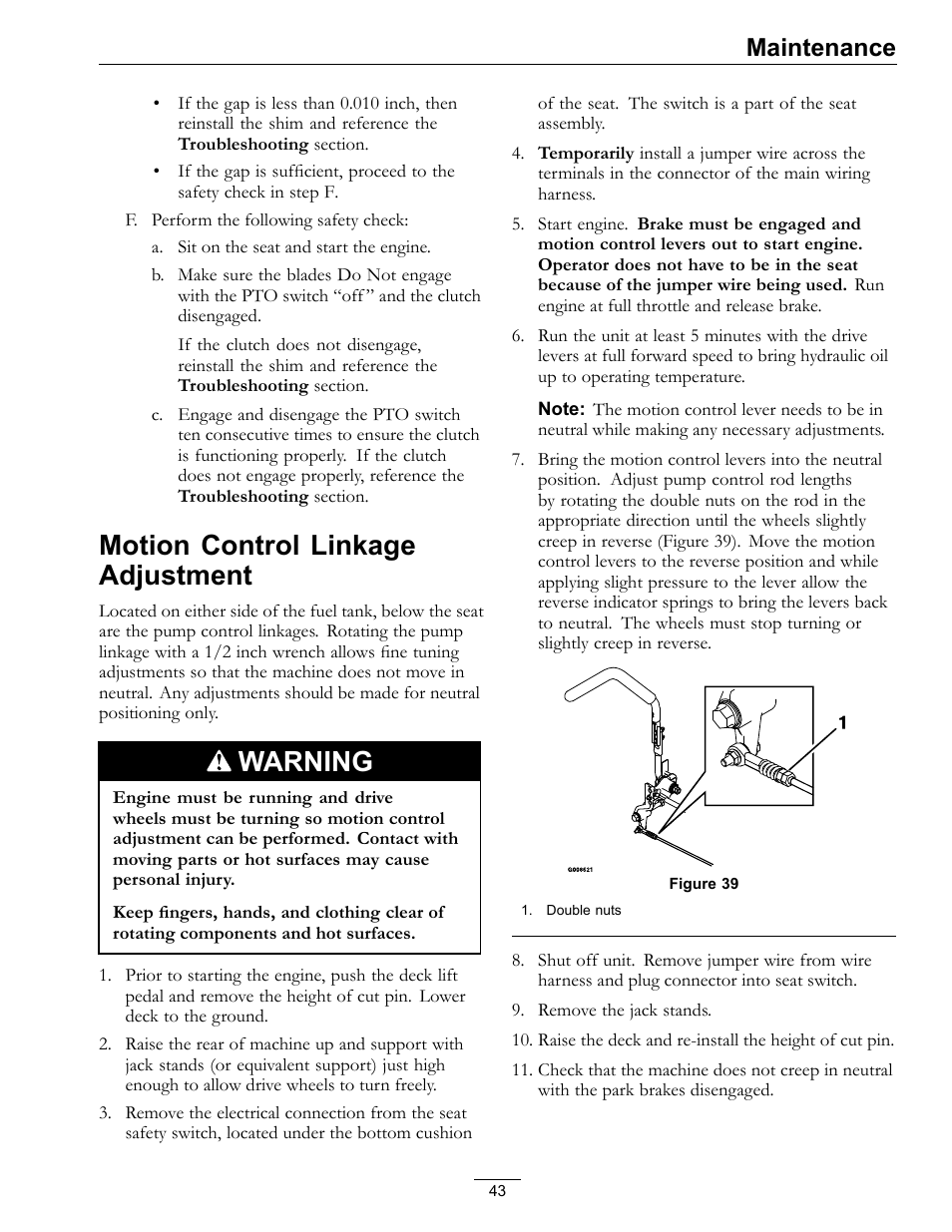 Motion control linkage adjustment, Warning, Maintenance | Exmark Lazer Z Advantage Series Models 0 User Manual | Page 43 / 60