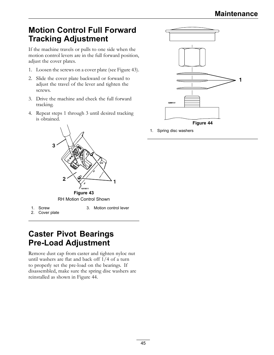 Motion control full forward tracking, Adjustment, Caster pivot bearings pre-load | Motion control full forward tracking adjustment, Caster pivot bearings pre-load adjustment, Maintenance | Exmark Lazer Z Advantage Series Models 0 User Manual | Page 45 / 60