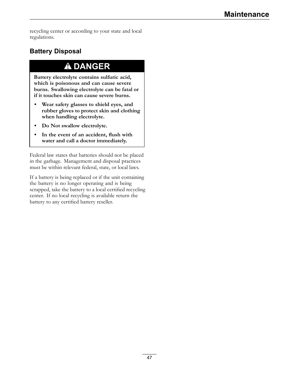 Danger, Maintenance | Exmark Lazer Z Advantage Series Models 0 User Manual | Page 47 / 60