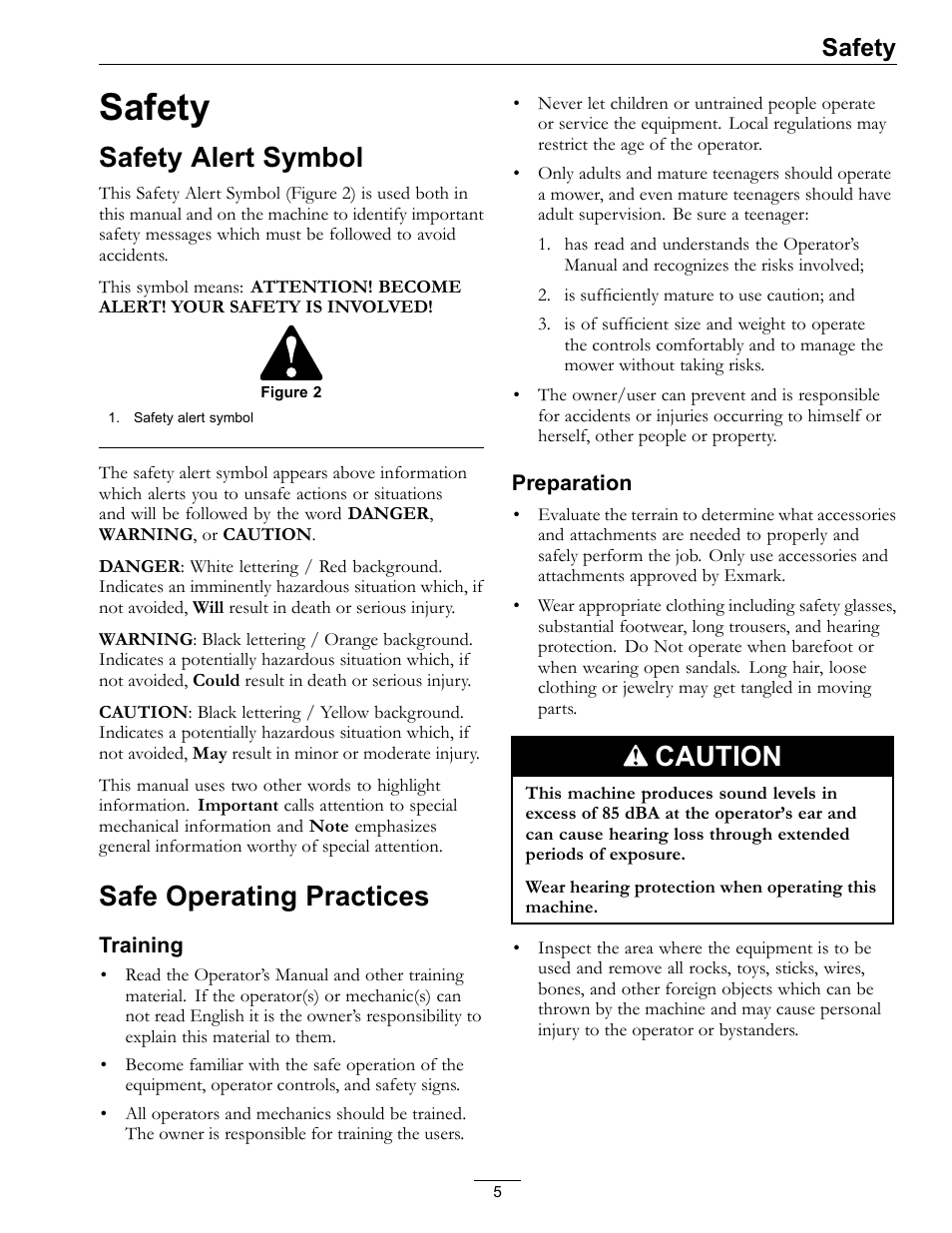 Safety, Safety alert symbol safe operating practices, Safety alert symbol | Safe operating practices, Caution | Exmark Lazer Z Advantage Series Models 0 User Manual | Page 5 / 60