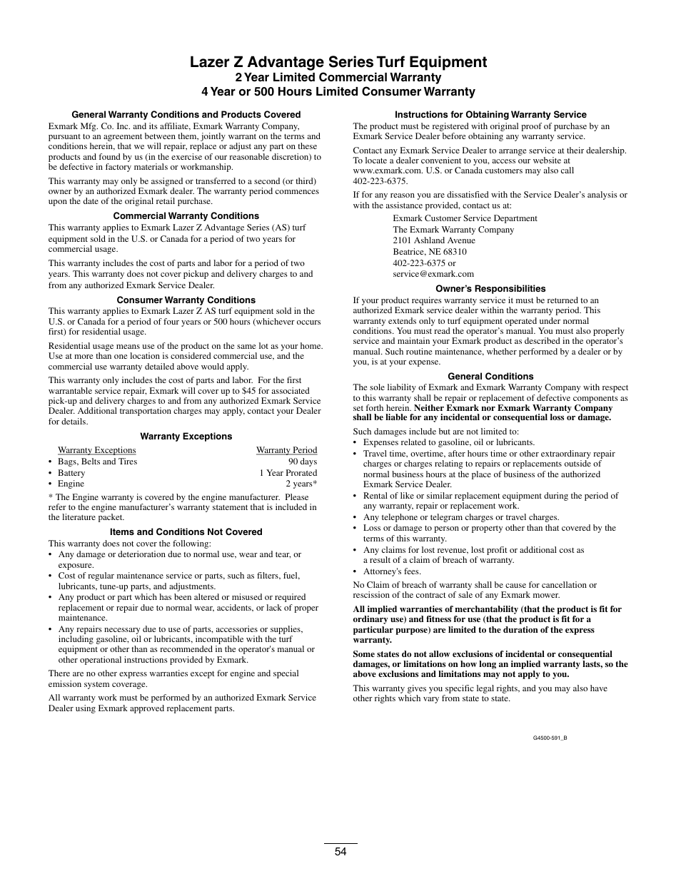 Lazer z advantage series turf equipment | Exmark Lazer Z Advantage Series Models 0 User Manual | Page 54 / 60